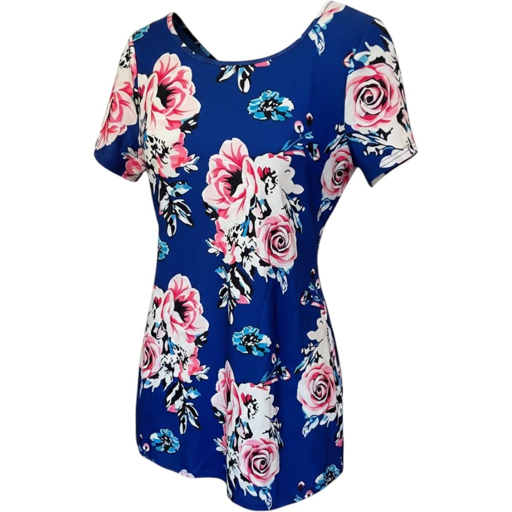 NWT Feager Blue Floral Mini  Short Sleeve L Crisscross Back Summer Sundress